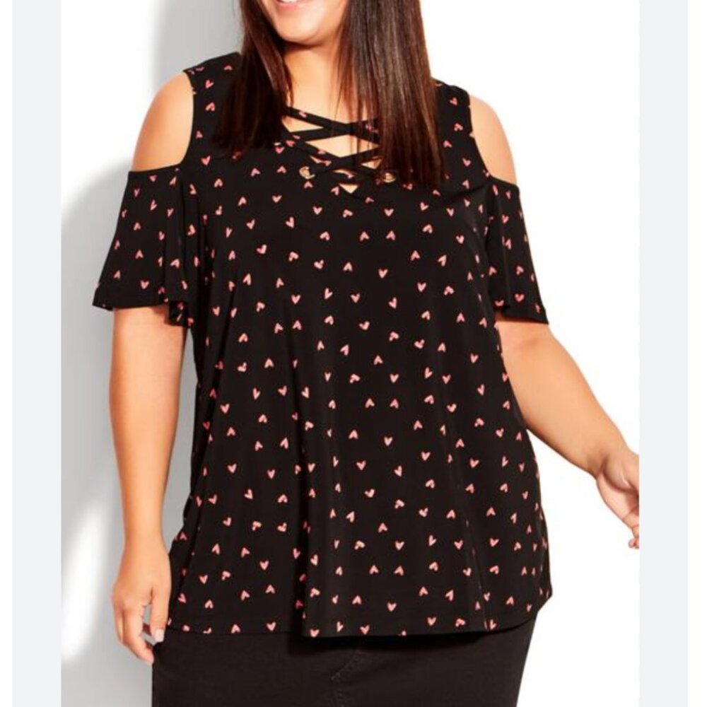 NEW! EVANS Cold Shoulder Top Size 16 Black & Pink Hearts CrissCross Neckline